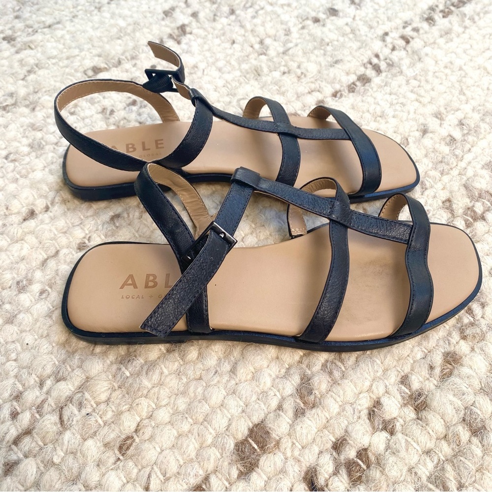 ABLE LeatherMinimalist Artisan Flat Sandals in Black, Size 6.5 - Picture 3 of 8